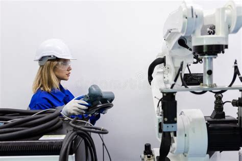 Female Technician Engineer Using Remote Control Automation Robotics At