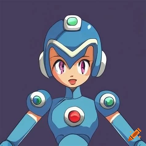 Portrait Of Female Robot Megaman In Tight Fitting Blue Armor Winking