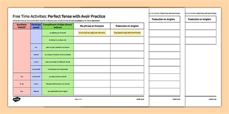 Free Time Themed Perfect Tense With Avoir Practice Worksheet Worksheet