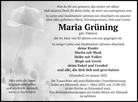 Traueranzeigen von Maria Grüning Trauer Nordkurier