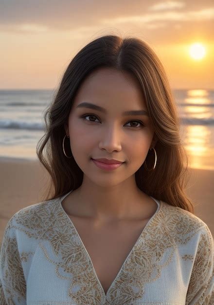 Belle Femme En Robe De Couleur Claire Sur La Plage Avec Coucher De