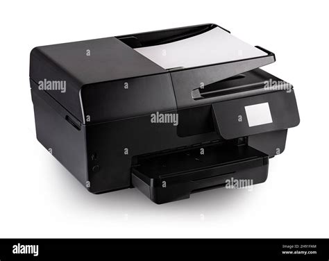 Modern Multifunction Black Inkjet Printer With Paper Isolated On White