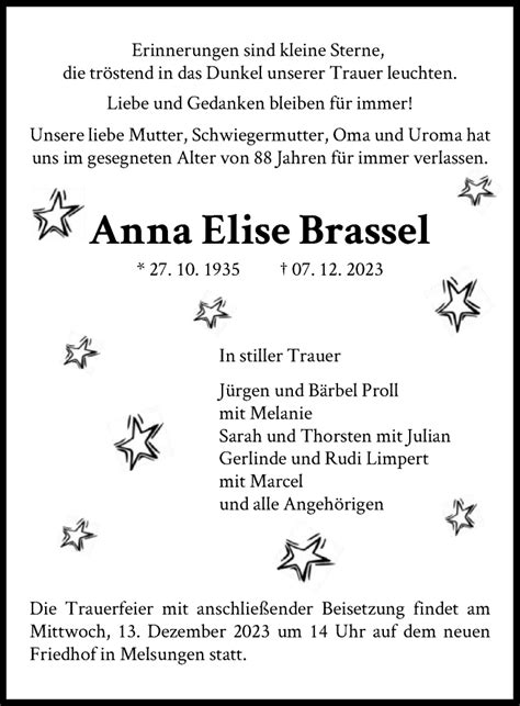 Traueranzeigen Von Anna Elise Brassel Trauer Hna De