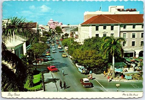 Vintage Continental Sized Postcard Scene On Bay Street Nassau Bahamas