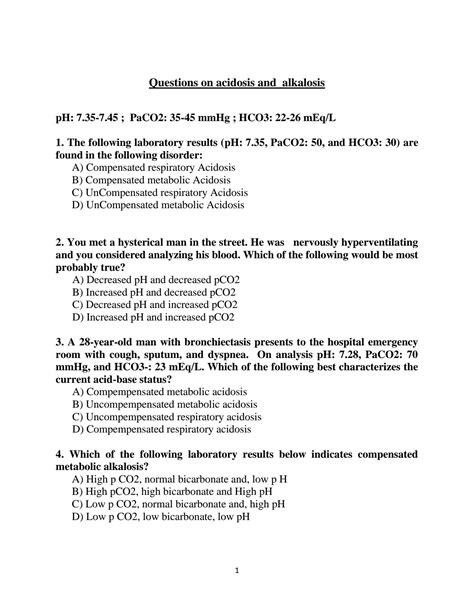 SOLUTION Questions On Acidosis And Alkalosis Studypool