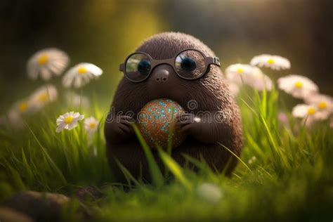 Illustration Of Funny Mole With Easter Egg On A Green Meadow Ai