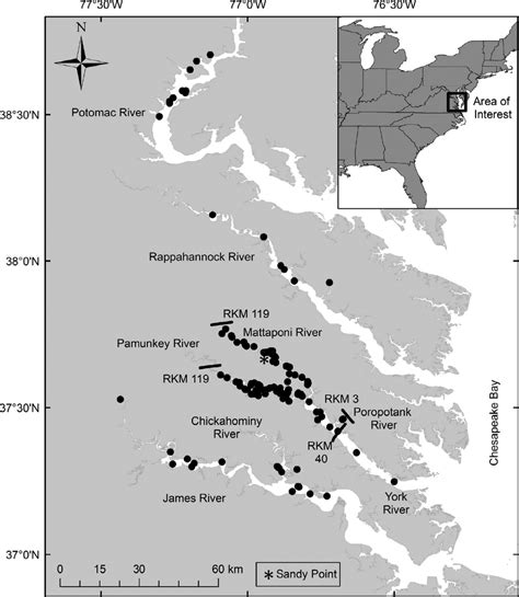 Map of Virginia rivers including Longnose Gar collection locations ...