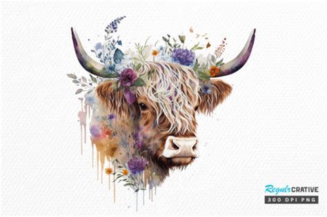 Watercolor Floral Highland Cow Clipart Graphic By Regulrcrative