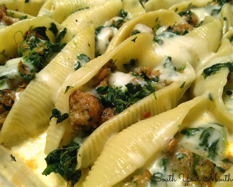 South Your Mouth Sausage And Spinach Stuffed Shells With Garlic Cream Sauce