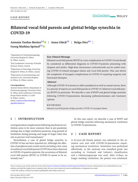 (PDF) Bilateral vocal fold paresis and glottal bridge synechia in COVID‐19