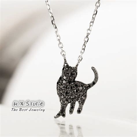 Black Diamond Cat Pendant Necklace In Solid K Gold Custom Etsy