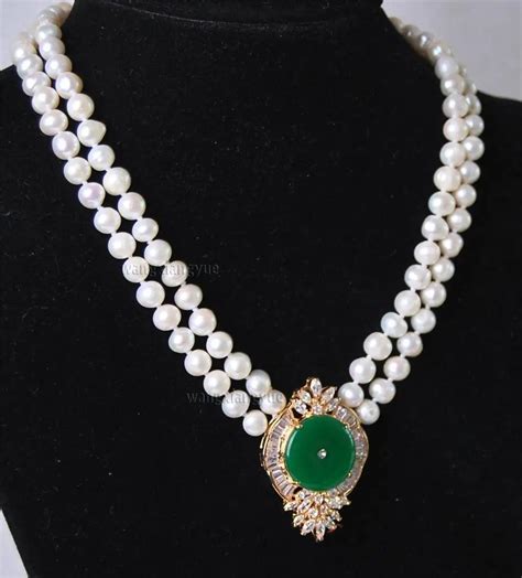 Beautiful Rows White Pearl Green Jadeite Pendant Necklace Pendant