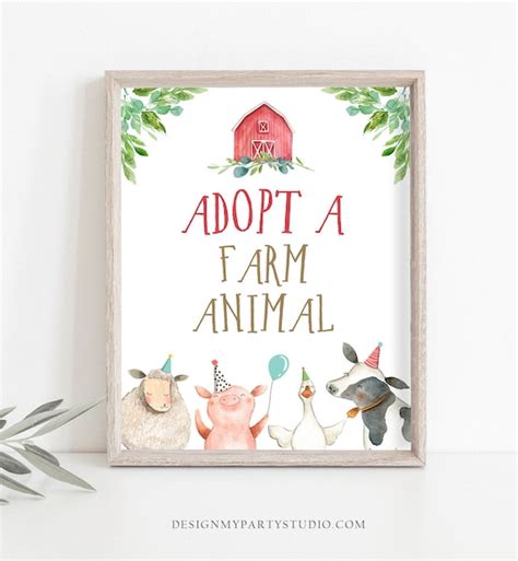 Adopt A Farm Animal Party Sign Farm Birthday Sign Favors Etsy