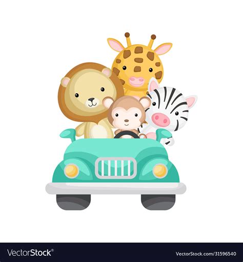 Cute monkey zebra giraffe and lion travel in car Vector Image