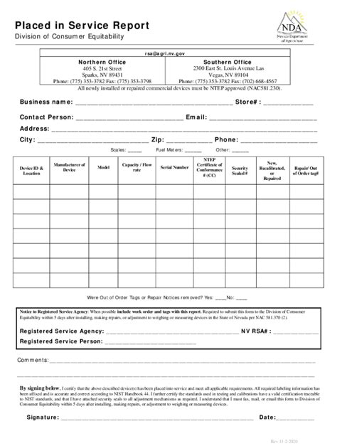 Fillable Online Agri Nv In Service Report Agriculture Nevada Dept