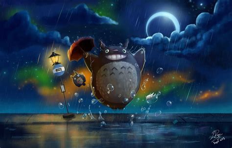 Photo Wallpaper Night Rain Umbrella Road Sign Totoro Totoro