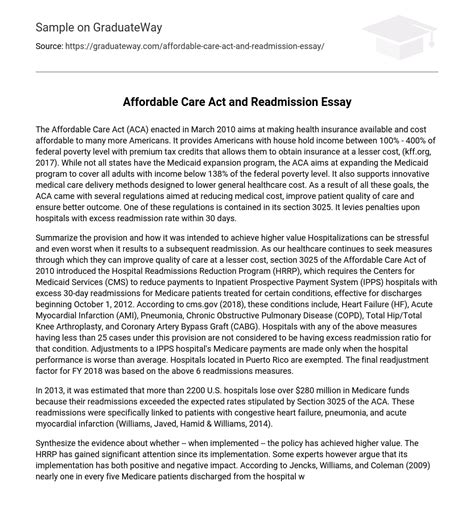 ⇉affordable Care Act And Readmission Essay Essay Example Graduateway