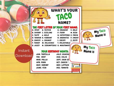 Whats Your Taco Name Game Name Tags Cinco De Mayo Game Mexican