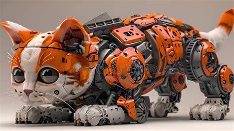 An Orange And Black Robot Cat Stands On A White Surface Orange And