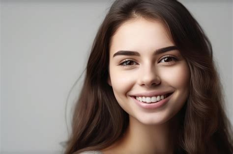Premium AI Image Close Up Portrait Of Smiling Brunette Woman On White Background