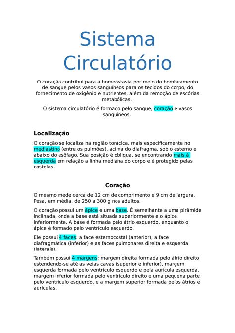 Sistema Circulat Rio Sistema Circulat Rio O Cora O Contribui Para A