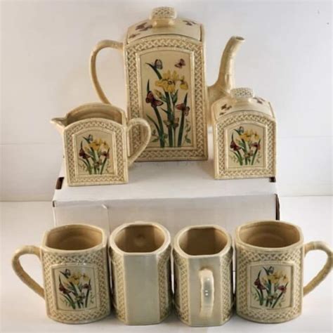 Enesco Butterfly Garden Trellis Ceramic Set Tea Pot 4 Mugs Sugar Creamer Vintage Etsy