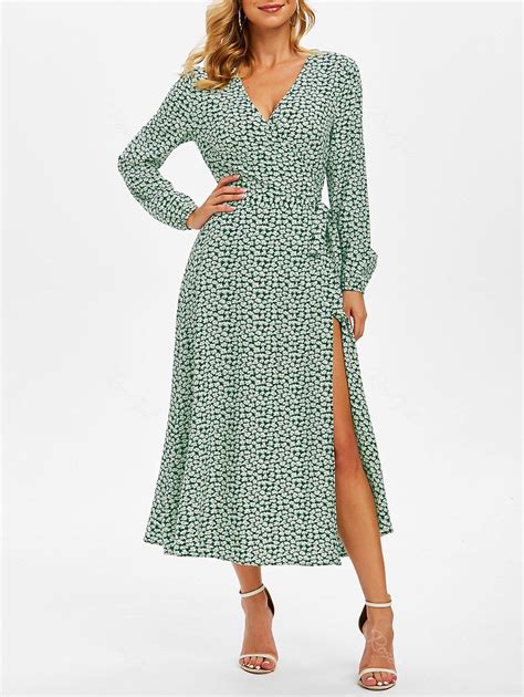 Floral Print Long Sleeve Belted Surplice Dress Off Rosegal