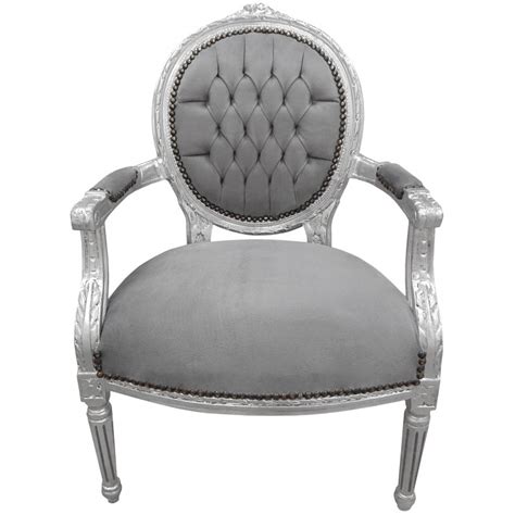 Fauteuil Baroque Louis Xvi Velours Gris Et Bois Argent