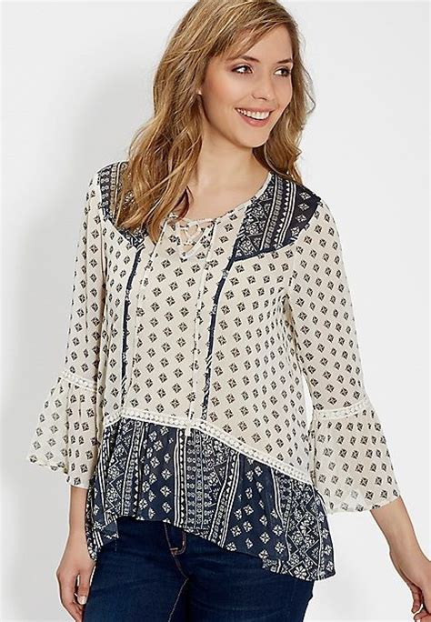 Patterned Peasant Top With Bell Sleeves