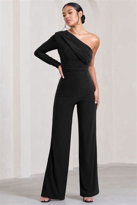 Mila Black One Shoulder Ruched Wide Leg Jumpsuit Club L London Uk