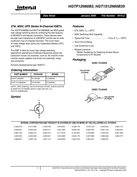 HGT1S12N60B3S Data Sheet Intersil Corporation