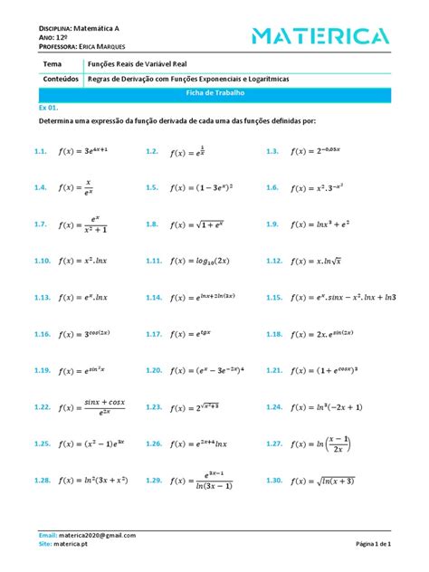 Ficha 15 Regras De Derivação Com Funções Exponenciais E Logarítmicas 12