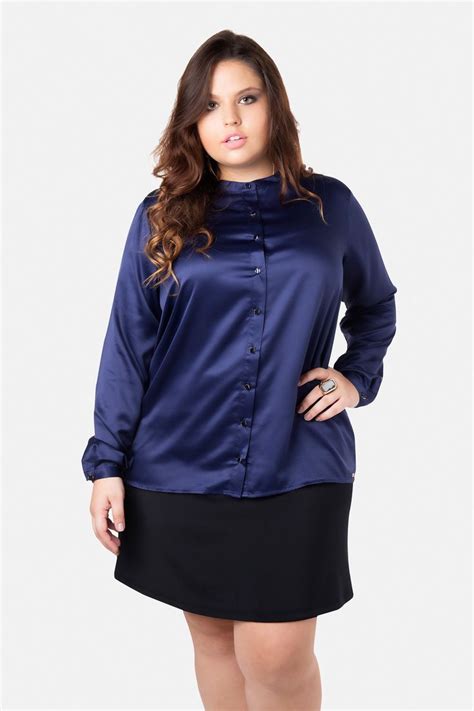 Plus Size Navy Blue Satin Button Blouse Plus Size Buttoned Blouse