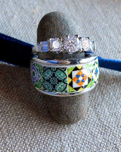 Portugal Antique Azulejo Tile Replica Rhinestone Ring Set Stackable