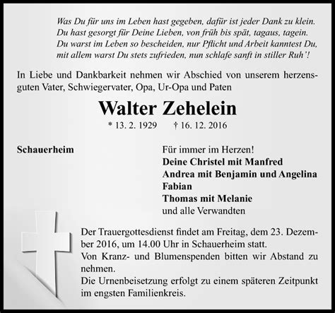 Traueranzeigen Von Walter Zehelein Trauer Flz De