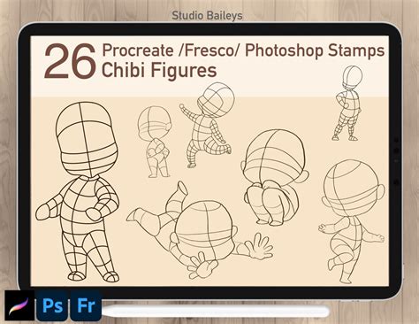 26 Chibi Figures Pose Procreate Photoshop Chibi Stamp Body Guide