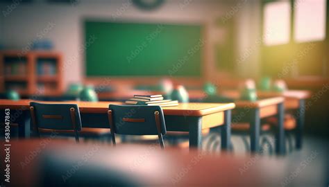 classroom setting   blurred background   empty student desk