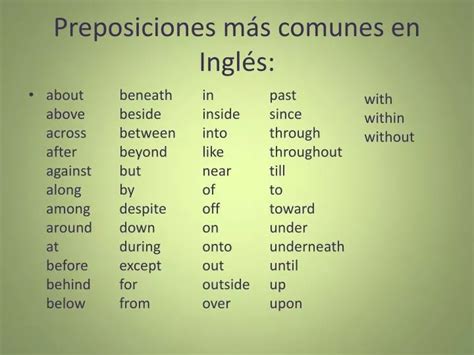 PPT Preposiciones más comunes en Inglés PowerPoint Presentation