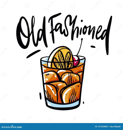 Old Fashioned Alcoholic Cocktail Hand Drawn Vector Illustration