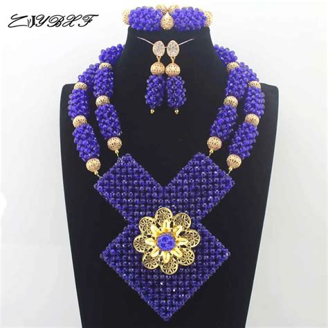 Latest African Wedding Nigerian Beads Jewelry Sets Royal Blue Bride