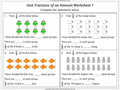 Unit Fractions Of An Amount Worksheet Maths Year 3