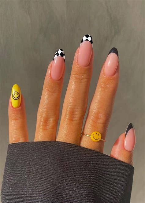 Cute Summer Nail Designs Smiley Face Checkered Board Tips