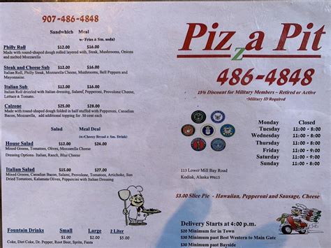 Menu at The Piza Pit pizzeria, Kodiak