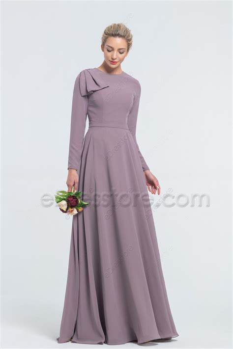 Modest Mormon Mauve Bridesmaid Dresses Long Sleeves Edresstore