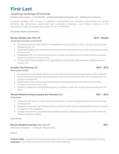 Javascript Developer Front End Resume Examples For Resume Worded