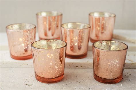 6 Rose Gold Mercury Glass Candle Holders