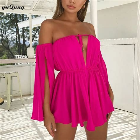 Yuqung Long Flare Sleeve Off Shoulder Dress Women Slash Neck Chiffon A