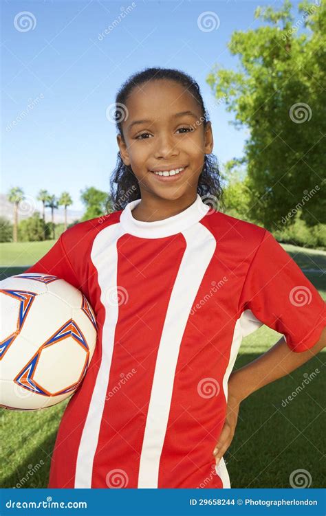 Girl Standing With Soccer Ball Stock Photo Image Of Mixed Race