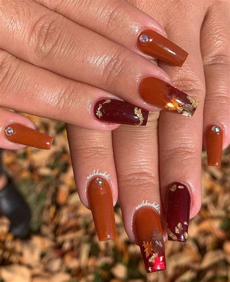 Embrace Autumn With Stunning Nail Art Ideas Fall Toned Acrylic Nails With Foil Tips