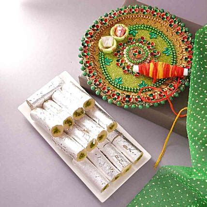 Bhai Dooj Designer Pooja Thali With Pista Roll And Teeka Oman Gift